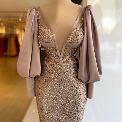 2021 Sequins Elegant Evening Dress Puffy Long Sleeves Mermaid Prom Gowns Deep V Neck vestido de novia