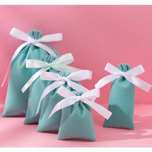 1PCS TF Blue Velvet Drawstring Customized Jewelry Packaging Bowknot Custom Logo Pouches Gift Bags Flannel Cosmetic Bags