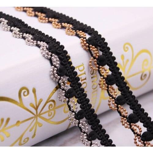 1yard/lot Braid Beaded black Lace 2Row Ball Silver Beads Rhinestones Costume Applique Decorated Lace Ribbon Trim For Sewing
