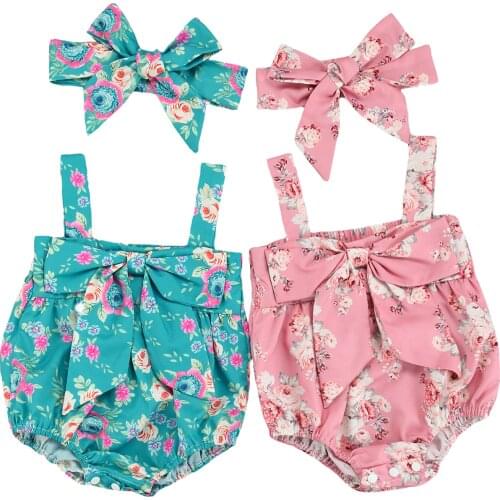 Baby Girls 2Pcs Summer Outfits, Cute Floral Print Sleeveless Bow Front Strap Romper with Headband Set