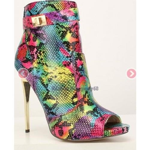Pink Snake Peep Toe High Heel Booties Faux Leather Stiletto High Heels Ankle Boots Women Open toe Fashion Gladiator Heeled Boot