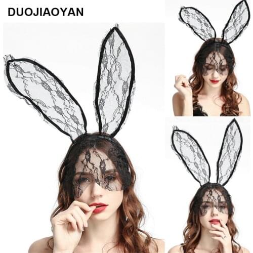 DUOJIAOYAN 2020 Lace Animal Bunny Rabbit Ears Hair Band Women Color hair Accessories Sexy Costume Party Halloween veil Headband