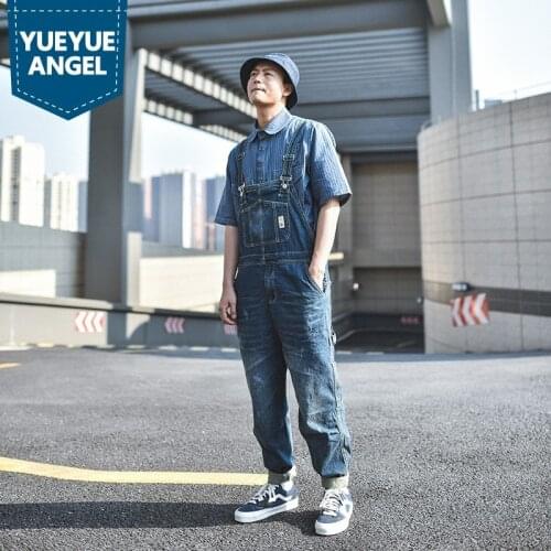 Fashion Mens Suspender Denim Overalls Vintage Safari Casual Hip Hop Loose Fit Cargo Pants Autumn Streetwear Long Jeans Rompers