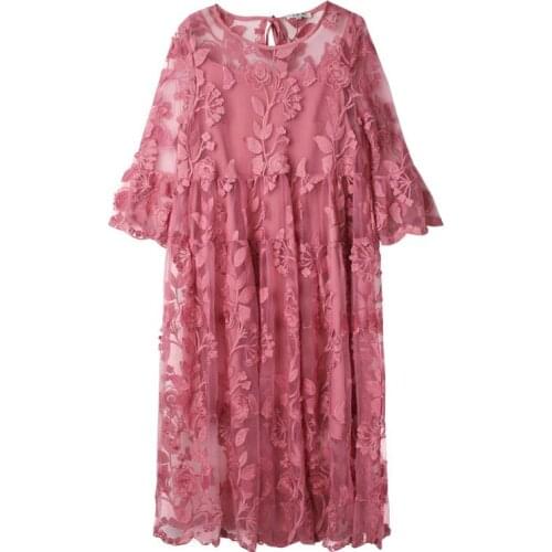 Plump girls lace dress 2021 summer New embroidered dress temperament slimming embroidered fairy dress womens suit Pink for 4XL