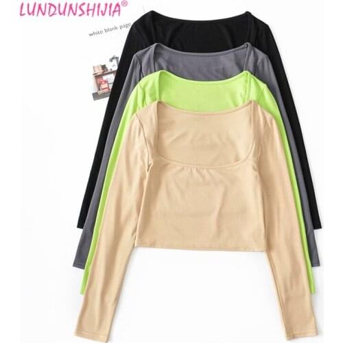 LUNDUNSHIJIA 2021 Spring Fluorescent Green Women Cotton Knitting Thin Sexy Crop Tops Big Square Collar Full Slim Female T-shirt