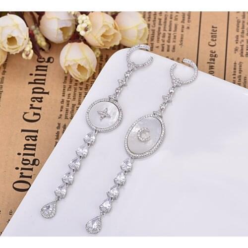 Fashion Star Moon Earrings Asymmetric Austria Aaa Crystal Shell Long Drop Earrings Womens Jewelry Zk30
