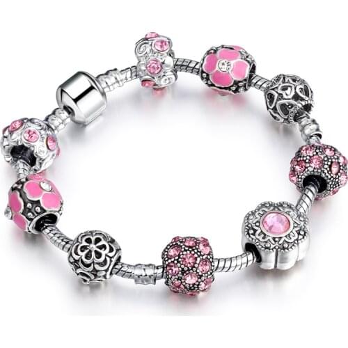 Pandora-style Fashion creative DIY beaded bracelet European and American box buckle pink crystal jewelry