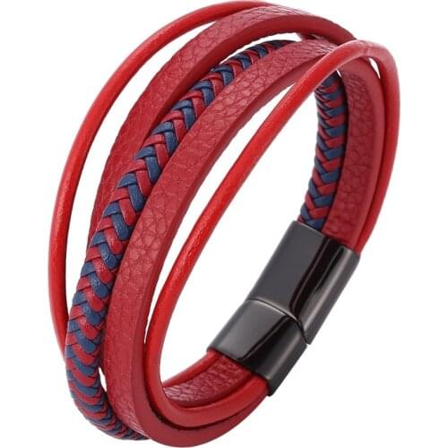 Trendy Red Leather Bracelets Men Stainless Steel Multilayer Braided Rope Bangles for Male Female Wristband Jewelry Gifts PD1076