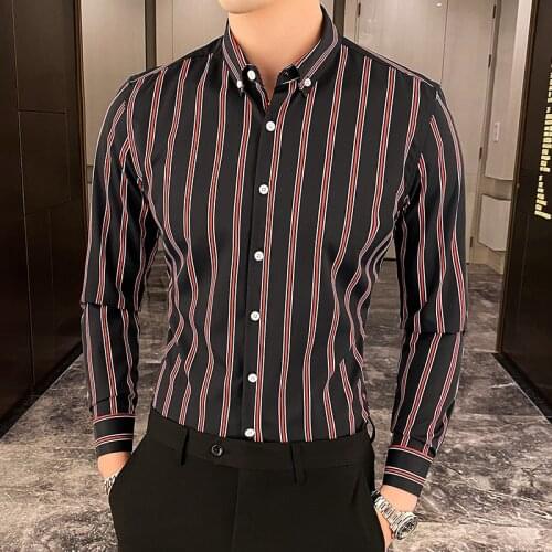 2021 new mens fashion business Smart casual striped long-sleeved dress shirt mens lapel brand Hawaiian white shirts size S-5XL
