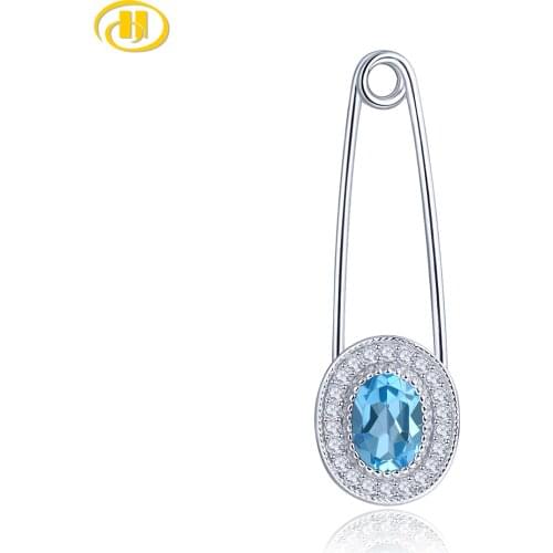 Natural 0.9 Carats Oval Blue Topaz Solid 925 Sterling Silver Brooch Simple Style Party Anniversary Gift for Women
