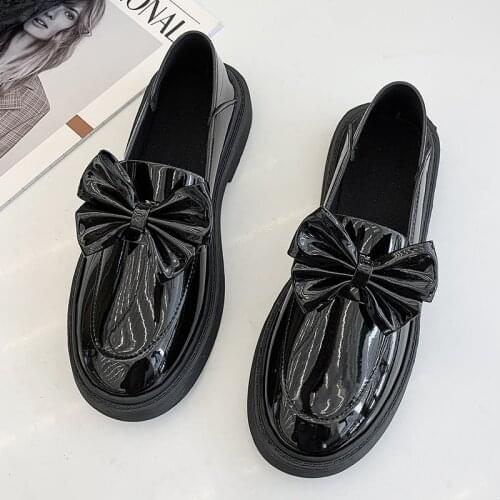 Spring New Black Small Leather Shoes Womens Shoes Bow Sweet and Cute Low-top Shoes Square Heel Low-heeled Shoes