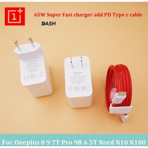 Original Oneplus Charger 65W Fast Warp Dash Charger EU/US Adapter Type C To type C Cable For OnePlus 9 8 Pro 9R 8T Nord N100 N10