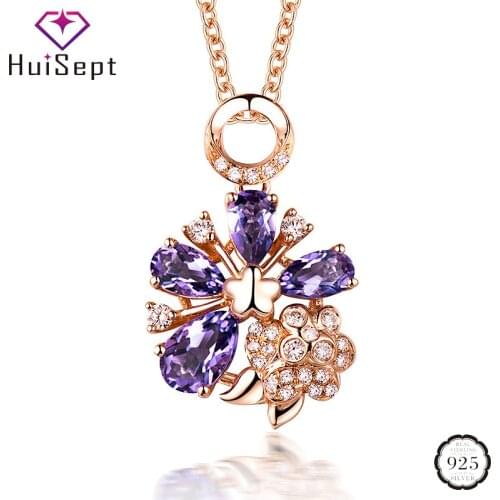 HuiSept Elegant Silver 925 Necklace Rose Flower Shape Amethyst Zircon Gemstone Pendant Jewelry for Women Wedding Party Wholesale