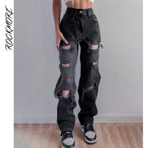 Rockmore Fairy Grunge Ripped jeans High Waist Women y2k Straight Pants Streetwear Hip Hop Cargo Denim Trousers Vintage Bottoms