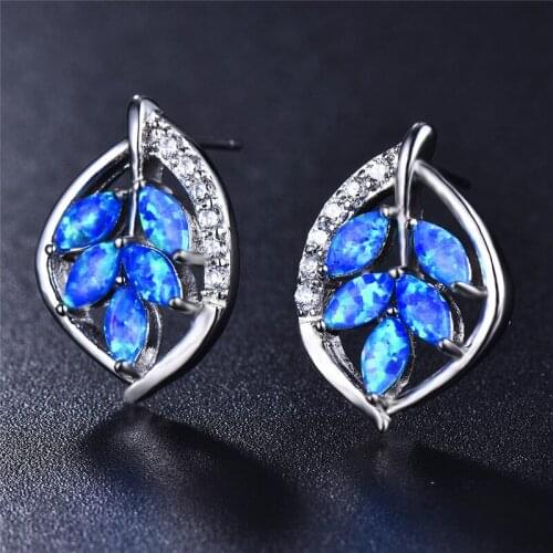 Plant Tree Leaf Stud Earrings For Women Marquise Cut Blue White Fire Opal Earrings 925 Sterling Silver Wedding Piercing Jewelry