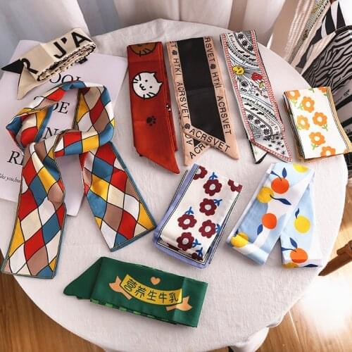 New Printing Silk Scarf Check Grace Long Ribbon Bow Lady Hair Scarf Scrunchie Ponytail Holder Ties Women Silk Scarves Hair Band