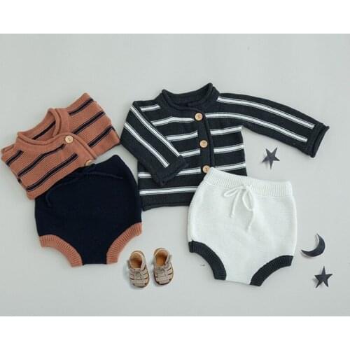 Knitted Newborn Baby Clothes For Girls Boys Outfits Stripe Infant Toddler Baby Clothing Set Cardigan Sweater +Short 2 pcs