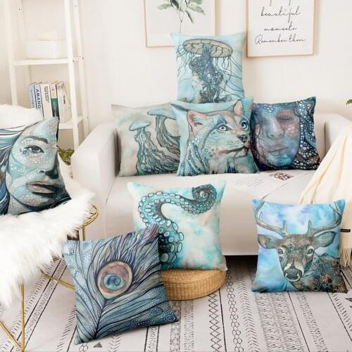 Mysterious Ocean Elf Printed Thin Linen Pllowcase Home Pillow Decoration Almofadas Decorativas Para Sofa Throw Pillow Cushion