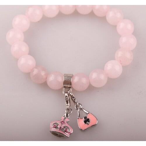 Free shipping 10mm pink quartz natural stone with metal pink enamel lady bag and CZ crown alloy charm lady stretch bracelet