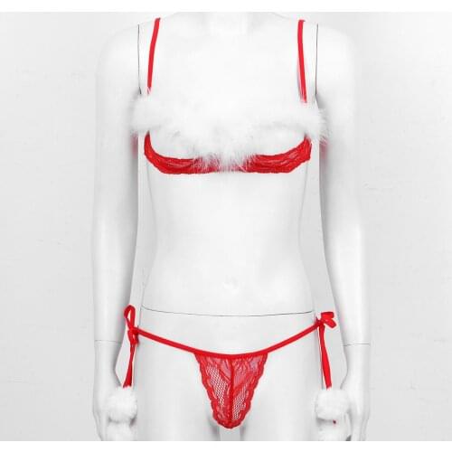 Womens Lace Christmas Lingerie Set Open Cups White Feather Trim Bra Top with G-string Briefs Sissy Exotic Apparel Lingerie Sets