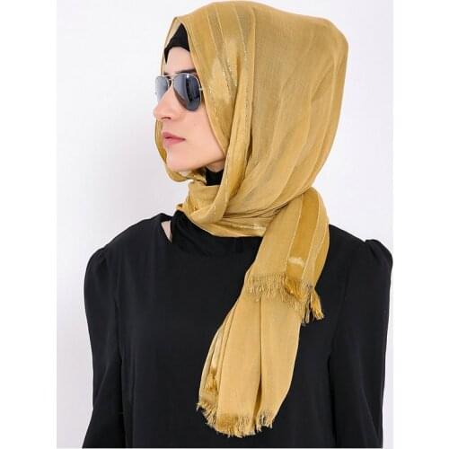 Women Luxury Stripe Scarf Gold Wire Line Shawl Fringe Viscose Muslim Hijab Bandanas Spun Gold Islamic Headscarf Muffler YG511
