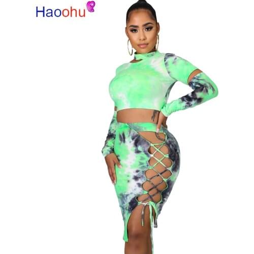 Neon Green Orange Tie Dye Two Piece Outfit Women Tracksuit Long Sleeve Crop Top High Waist Lace Up Hollow Midi Skirt Sweat Suit