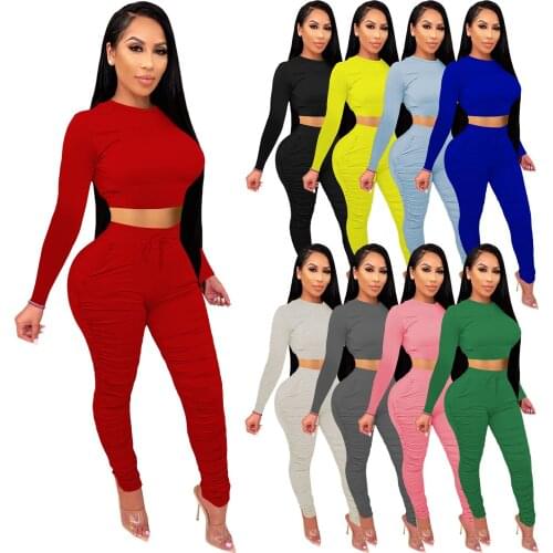 Casual Summer 2 Two Piece Set Women Pink Outfit Long Sleeve Crop Top Leggings Women Joggers Matching Sets Ladies Tracksuit