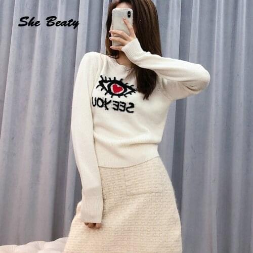 Knitted Sweater Tops Women 2021 Clothes O-Neck Long Sleeve Casual Autumn Winter Fashion High Street Eye Pattern Pullover Clothes