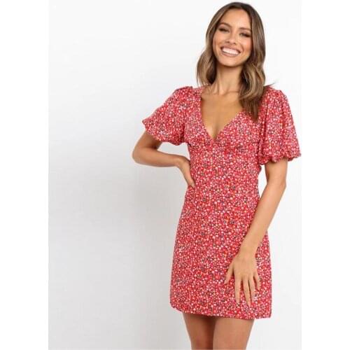 Elegant Floral Print Sexy Backless Lace Up Bow Decor Mini Dress Women 2021 Summer New Casual Slim Puff Sleeve Sweet Red Vestidos