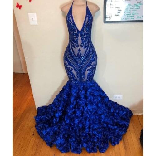 Beautifulinwhite Royal Blue Prom Dresses 2019 Mermaid See Through Deep V Neck Halter Formal Evening Party Gowns African DP0454
