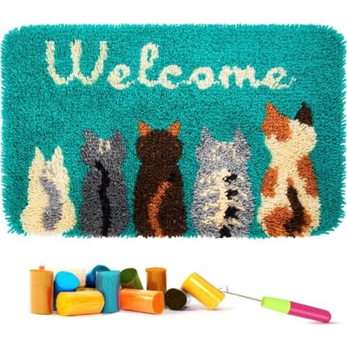 5 Cats Latch Hook Rug Kits Crocheting Carpet Rug Cats Acrylic Yarn Cushion Mat Crochet Tapestry Sofa Decor
