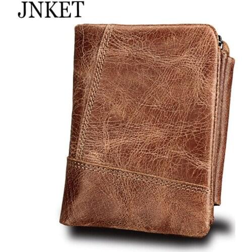 JNKET RFID Genuine Cow Leather Wallets Men‘s Clutch Handbag Folded Billfold Card Holder Zipper Antimagnetic Fabric Lining