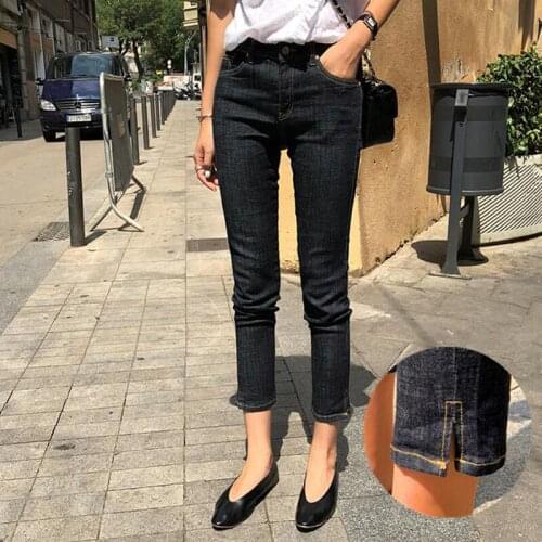 Spring autumn pants women High Waist Jeans Side Split Trousers Denim Stretch Skinny Black Jeans Casual Streetwear pantalon femme