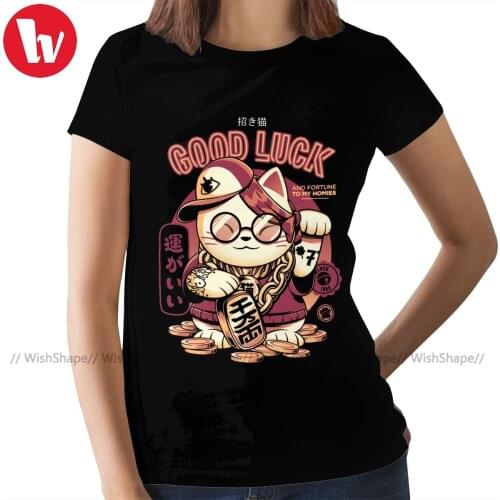 Maneki Neko Lucky Cat T-Shirt Lucky Cat T Shirt O Neck Short Sleeve Women tshirt Cotton White Ladies Tee Shirt