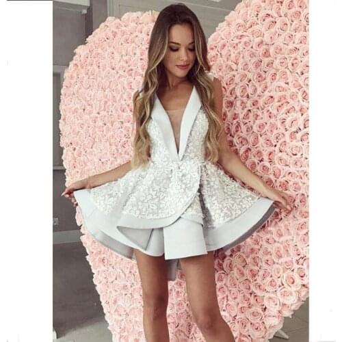 3D Floral Cocktail Dresses Illusion V Neck Tiered Appliqued Above Knee Party Gowns Prom Dress Short Hi Low Tiered