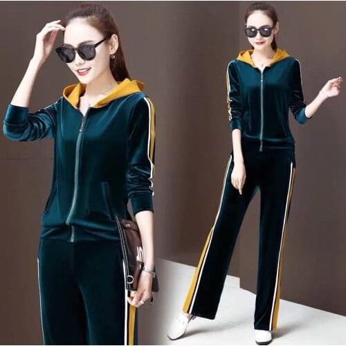Two Piece Set Women Velour Tracksuit Autumn Clothes Hooded Side Striped Jacket Coat And Wide Leg Pants Casual Sports Velvet Suit