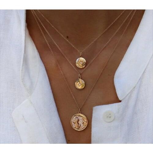 Micro pave cz engraved rose flower Moon Coin disk plated necklace Gold color vintage fashion women collar chains
