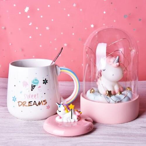 Cute Unicorn Coffee Mug with 3D Lid and Spoon Ceramic Tea Water Cup Gift for Women Girls White 450ml