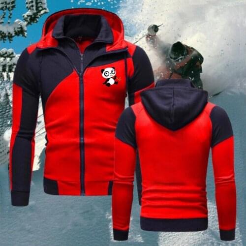 Fashion Winter Mens Spliced Jacket Panda Printing Coat Windbreak Outdoor Zipper With Hood Sports Overcoat Plus Size for Male