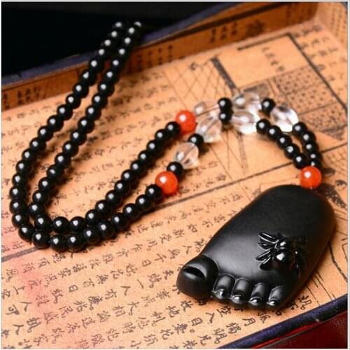 Onyx obsidian stone buddhas feet abundance black chain long sweater chain necklace ward off bad luck necklace