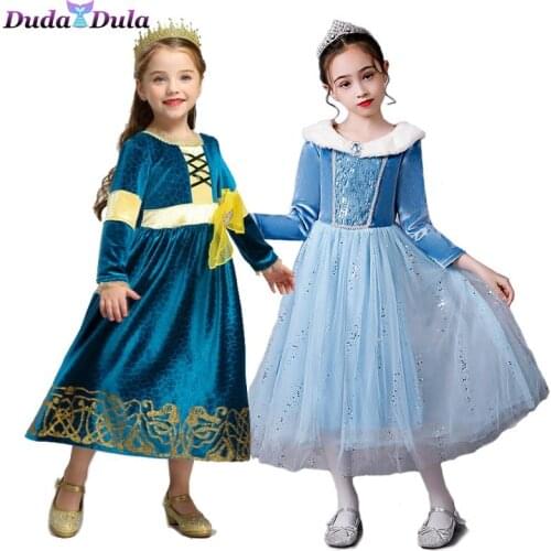 Girls Dress Cartoon Cosplay Princess Merida Dress Cosplay Costume Winter Velvet Dresses Baby Children Clothes Children Clothing