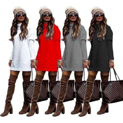 New Womens Casual Turtleneck Pullover Sweater Dress Loose Long Sleeve Splicing Solid Dresses Jumper Top Autumn Winter