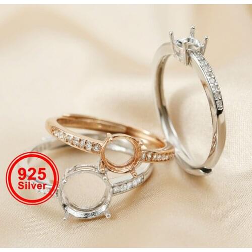 4-10MM round simple rose gold silver Gems CZ stone prong bezel solid 925 sterling silver adjustable ring settings 1210033