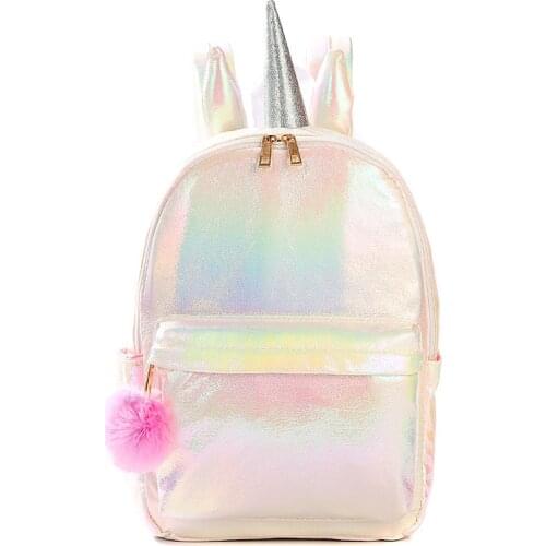 Girls school bags unicorn backpack laser pu multi color rugzak Waterproof bookbags for women with Pom Pom 34X24X10CM large