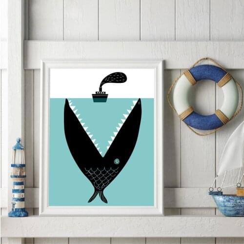 Modern Art Print Poster Nordic Minimalist Wall Picture Cartoon Fish Boat Sea Canvas Painting Kids Room Home Decor