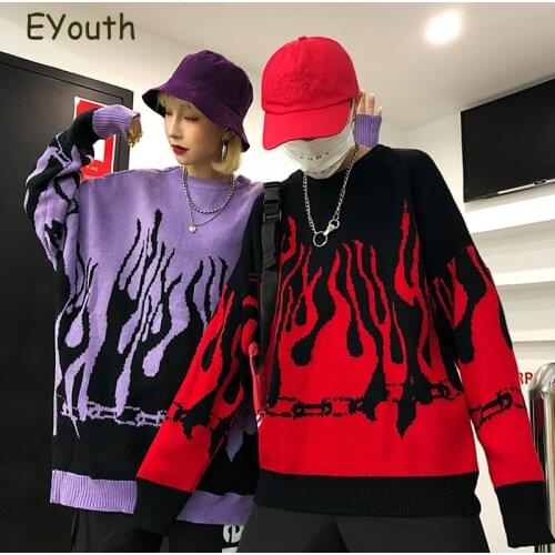 Couple Sweater Harajuku Hip Hop Flame Fire Sweaters Knit 2020 Autumn Winter Man Women Outfits Loose Pullover Fashion Tops Unisex