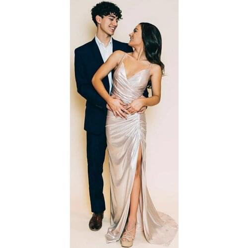 VKBRIDAL Sexy Mermaid V-Neck Prom Dresses with Side Slit Long Champagne Criss-cross Formal Evening Wears Homecoming Party Gowns
