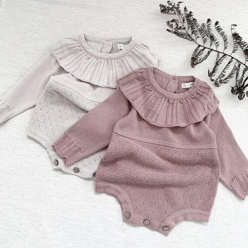Infant Baby Girls Knitting Cotton Long Sleeve Jumpsuit Lotus Leaf Collar Spring Autumn Baby Clothes Toddler Baby Girl Romper