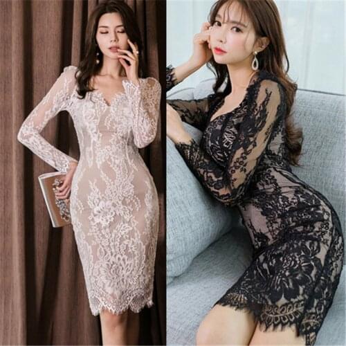 High Quality Womens Lace Embroidery Slim Pencil Dress Elegant Sexy V Collar Hollow Out long Sleeve Bodycon Dress 2020 Spring