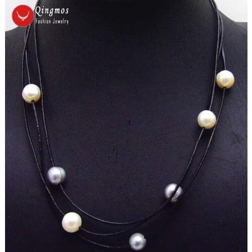 Qingmos 10mm Natural White Gray Pearl Necklace for Women with Potato Pearl Pendant Necklace Leather 3 Strands Chokers Necklace